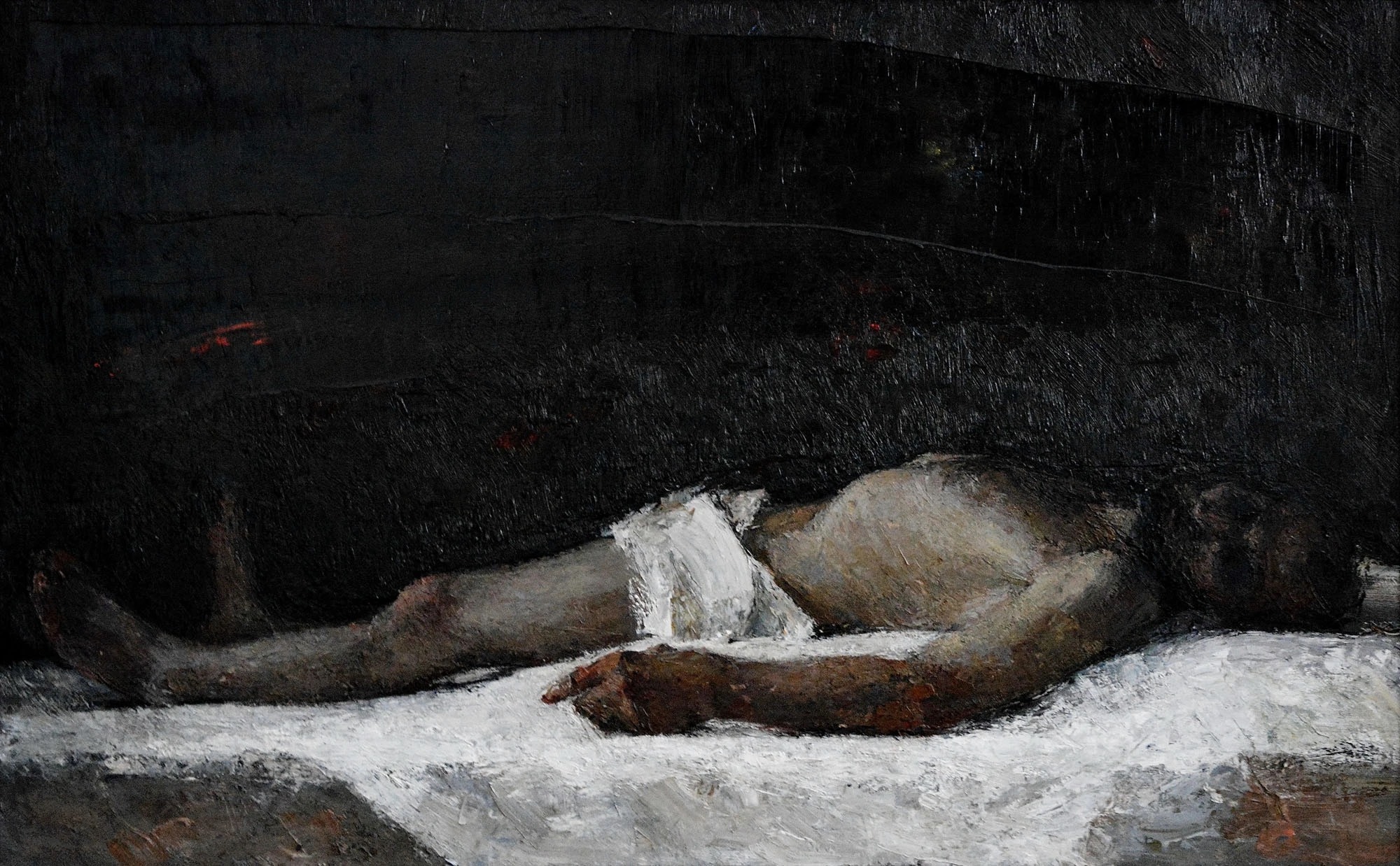 Victor Teslaru, Reclining Male Nude Study, 2014, oil on canvas; academic figure study of a reclining male nude.