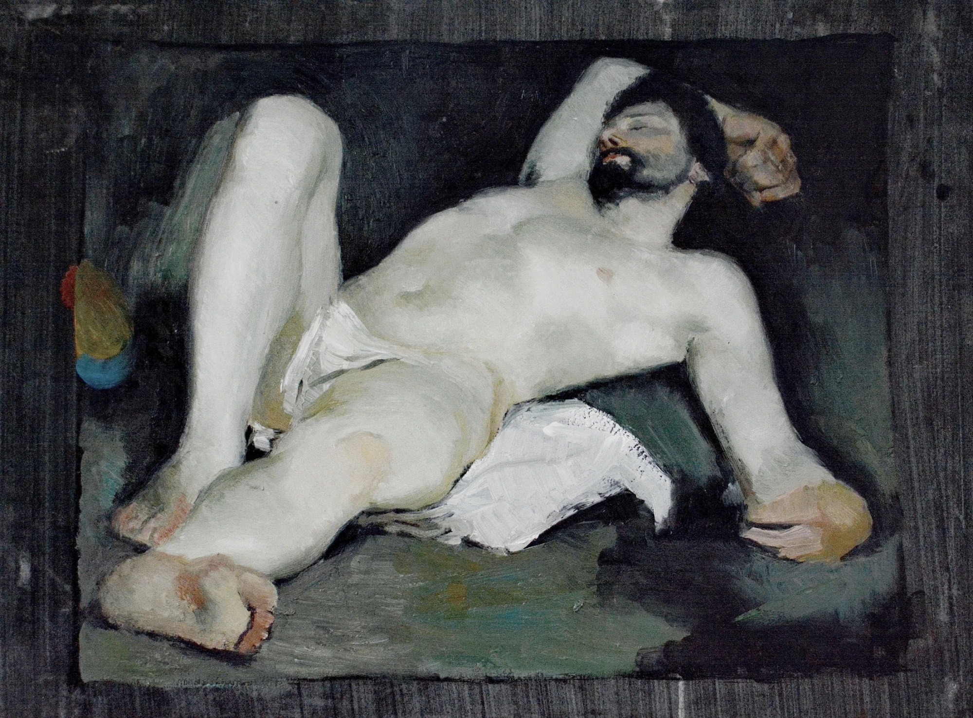 Victor Teslaru, Study after Guido Cagnacci, Reclining Male Nude 1630, 2014, oil on toned paper; Old Master study of a reclining male nude.